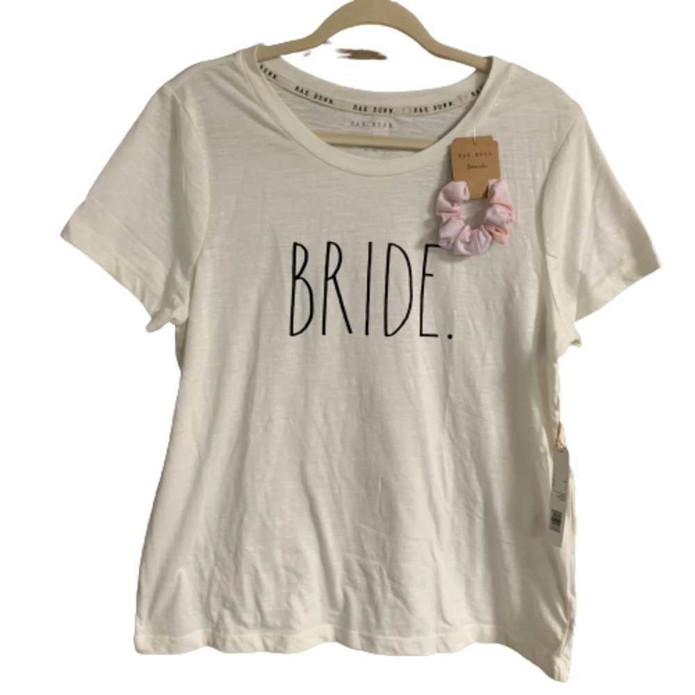 NWT Rae Dunn Classic Large Soft White Slub Bride T-Shirt W/Verbiage Scrunchie